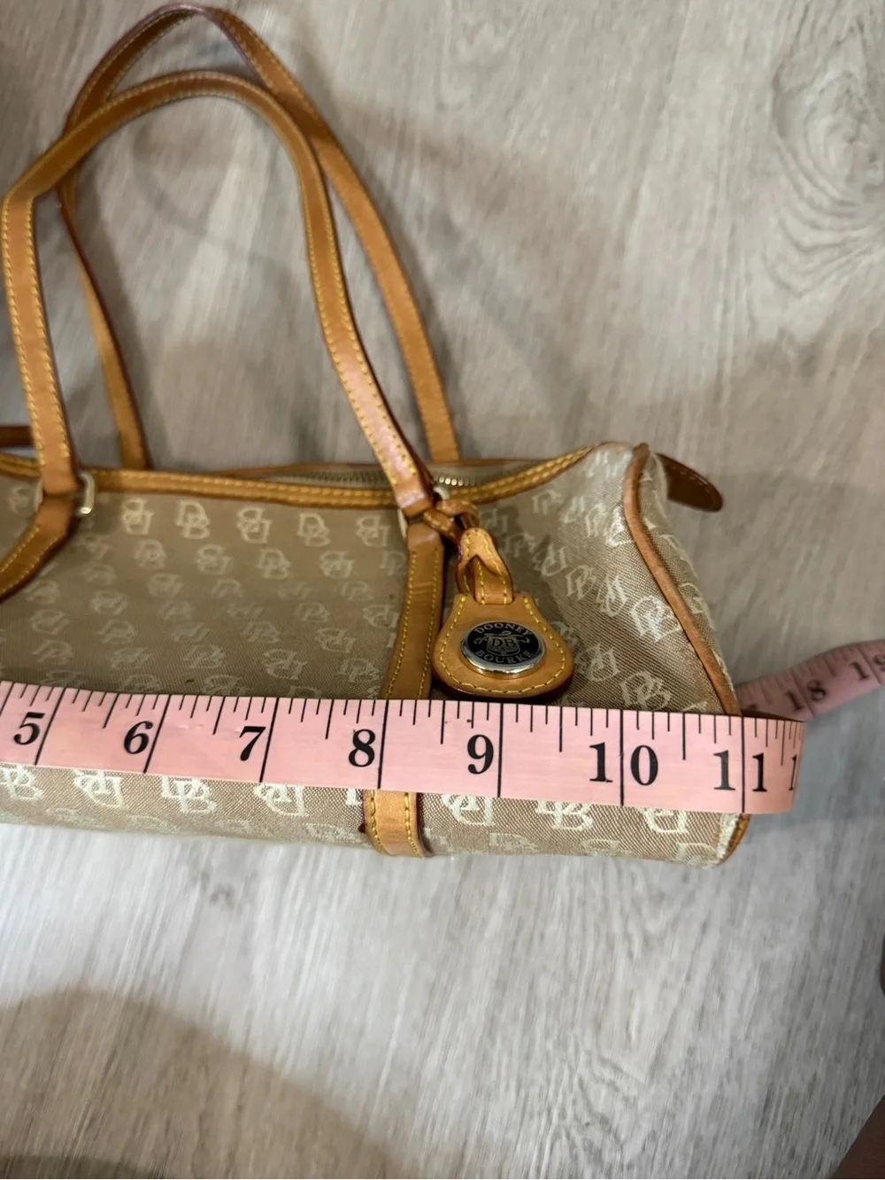 Dooney & Bourke Beige Monogram Shoulder Bag with Tan Leather Trim